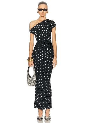 Self-portrait Polka Dot Draped Midi Dress in Black & White - Black. Size M (also in XS).