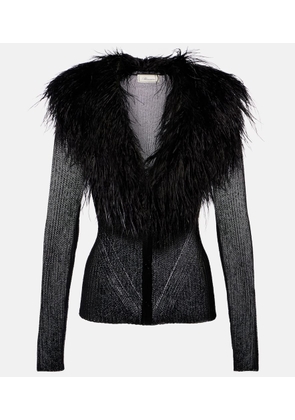 Blumarine Feather-trimmed ribbed-knit cardigan