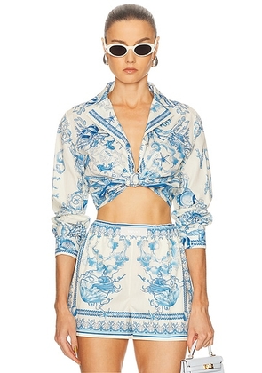 VERSACE Button Up Top in Eggshell & Bright DV Blue - White,Blue. Size 40 (also in ).