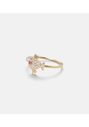 Yvonne Leon Petit Poisson 18kt gold ring with diamonds and rubies