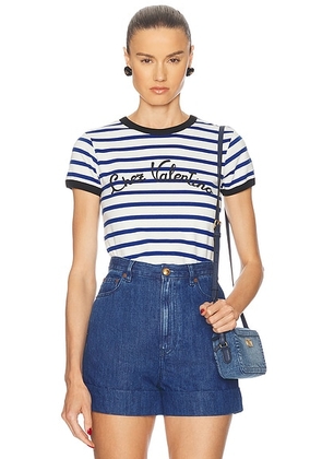 Valentino Striped Cotton T Shirt in Avorio & Blu - Blue. Size S (also in ).