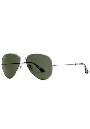 Ray-ban - Matte Silver-tone Aviator Sunglasses, Sunglasses, Green Lenses, Monochrome Acetate Tips, Men's Aviator Sunglasses, 100% UV Protection - Grey
