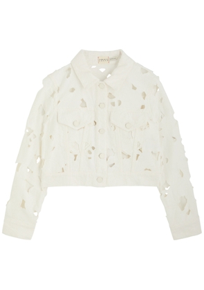 Alice + Olivia Chloe Floral-embroidered Cropped Denim Jacket - Off White - XS (UK6 / XS)