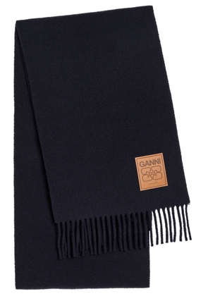 Ganni Designer-appliqué Fringed Wool Scarf - Black - One Size