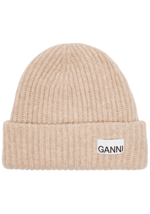 Ganni Logo Ribbed Wool-blend Beanie - Sand - One Size