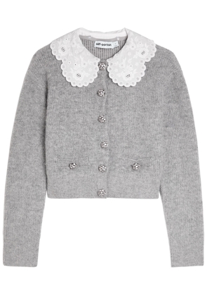 Self-portrait Embroidered-collar Embellished Metallic-knit Cardigan - Grey - S (UK8-10 / S)