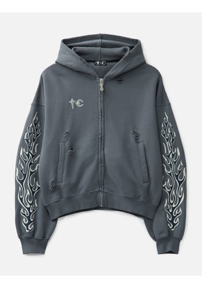 Leather Flame Hooded Zip-up