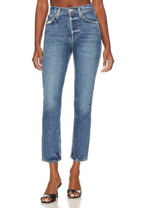 AGOLDE Riley Long High Rise Straight Jeans in Denim-Light. Size 32. Also in 33.