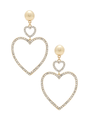 Ettika Two Hearts Drop Earrings in Metallic Gold.
