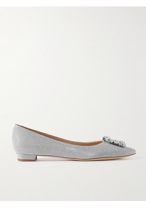 Manolo Blahnik - Hangisi Crystal-embellished Glittered Satin Point-toe Flats - Silver - IT34,IT35,IT35.5,IT36,IT36.5,IT37,IT37.5,IT38,IT38.5,IT39,IT39.5,IT40,IT40.5,IT41,IT41.5,IT42,IT43