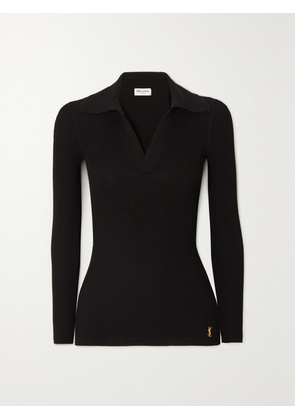 SAINT LAURENT - Embellished Ribbed-knit Polo Sweater - Black - XS,S,M,L,XL,XXL