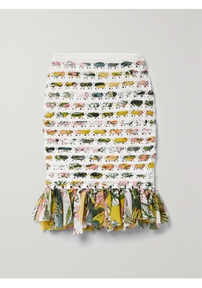 Oscar de la Renta - Crochet-knit Cotton And Fringed Printed Chiffon Skirt - Ivory - US0,US2,US4,US6,US8,US10,US12