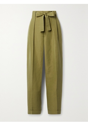 LAFAYETTE 148 - Waverly Belted Silk And Linen-blend Tapered Pants - Green - US0,US2,US4,US6,US8,US10