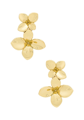 By Adina Eden Double Flower Drop Stud Earring in Metallic Gold.