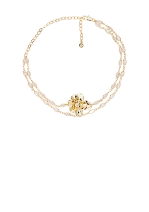 Ettika Bazel Crystal Layered Flower Necklace in Metallic Gold.