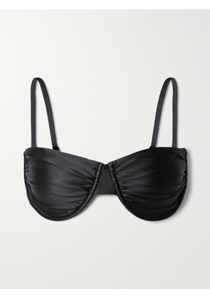 GOOD AMERICAN - Ruched Stretch-satin Underwired Bikini Top - Black - 6