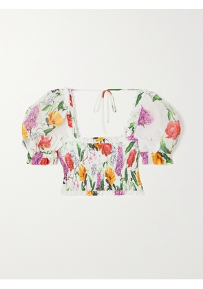 Charo Ruiz - Lirio Cropped Shirred Floral-print Cotton-blend Poplin Top - White - x small,small,medium,large