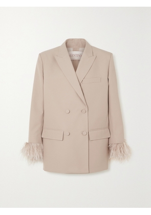Valentino Garavani - Oversized Double-breasted Feather-trimmed Woven Blazer - Neutrals - IT36,IT38,IT40,IT42,IT44,IT46