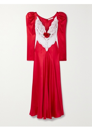 Rodarte - Embellished Lace-paneled Silk-satin Maxi Dress - Red - US0,US2,US4,US6,US8,US10,US12
