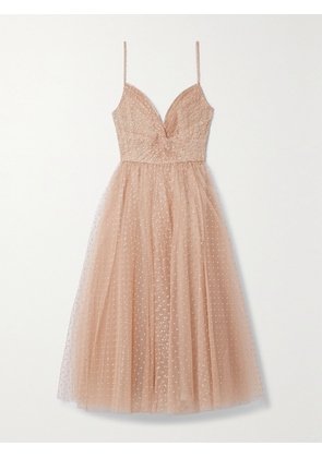 MONIQUE LHUILLIER - Gathered Glittered Tulle Midi Dress - Neutrals - US0,US2,US4,US6,US8,US10,US12
