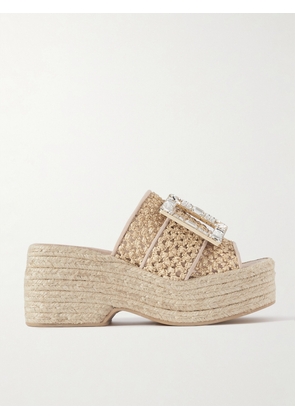 Roger Vivier - Crystal-embellished Suede-trimmed Raffia Platform Mules - Neutrals - IT35,IT36,IT36.5,IT37,IT37.5,IT38,IT38.5,IT39,IT39.5,IT40,IT40.5,IT41,IT41.5,IT42