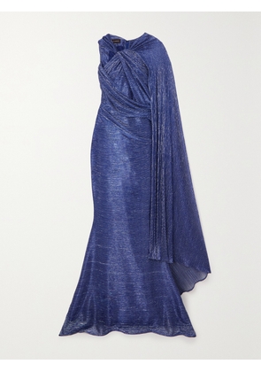 TALBOT RUNHOF - Asymmetric Cape-effect Metallic Voile Gown - Blue - US2,US4,US6,US8,US10,US12,US14,US16,US18