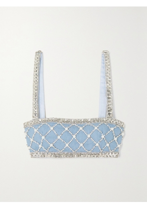 Retrofête - Jezebel Cropped Crystal And Faux Pearl-embellished Cotton-chambray Top - Blue - xx small,x small,small,medium,large,x large