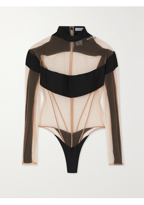 MUGLER - Illusion Stretch Jersey-trimmed Tulle Thong Bodysuit - Black - FR 34,FR 36,FR 38,FR 40,FR 42,FR 44