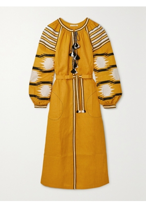 Vita Kin - Ikat Tasseled Embroidered Linen Dress - Yellow - x small,small,medium,large