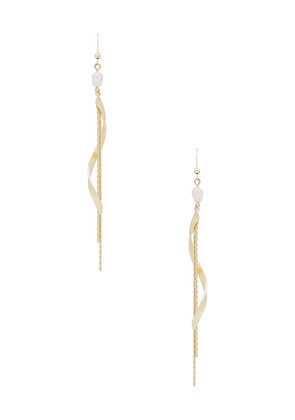 Ettika Twisted Gold Freshwater Pearl Dangle Earrings in Metallic Gold.