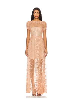 Bronx and Banco Megan Cap Sleeve Gown in Beige. Size L. Also in M, S.