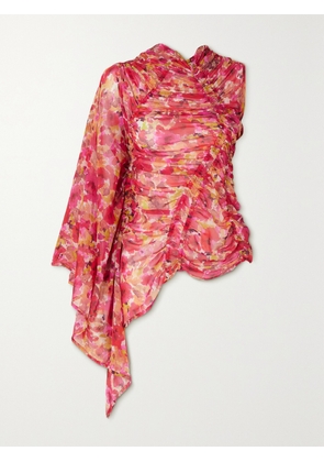 Dries Van Noten - One-sleeve Ruched Floral-print Silk-chiffon Top - Pink - FR 34,FR 36,FR 38,FR 40,FR 42,FR 44