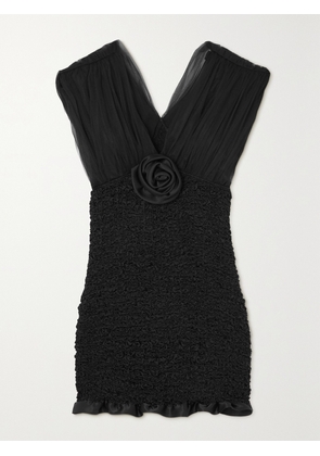 Alessandra Rich - Appliquéd Shirred Silk-satin And Tulle Mini Dress - Black - IT36,IT38,IT40,IT42,IT44,IT46