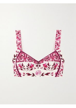 Dolce & Gabbana - Maiolica Cropped Printed Stretch Silk-blend Bustier Top - Pink - IT36,IT38,IT40,IT42,IT44,IT46,IT48,IT50