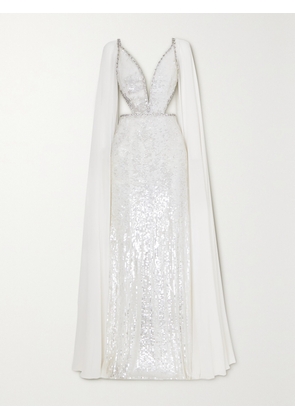 Jenny Packham - Cape-effect Embellished Tulle And Chiffon Gown - White - UK 6,UK 8,UK 10,UK 12,UK 14,UK 16,UK 18