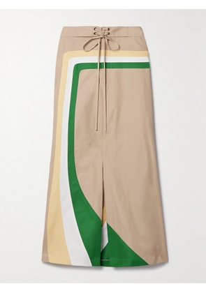 Rosie Assoulin - O'delia Striped Cotton-twill Trimmed Cotton-blend Gabardine Midi Skirt - Neutrals - US0,US2,US4,US6,US8,US10,US12