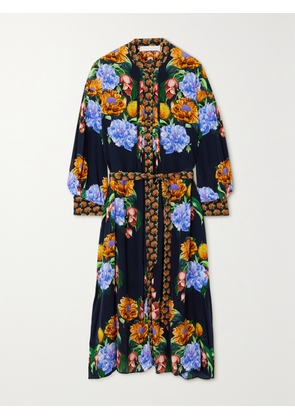 Borgo de Nor - Camilla Belted Floral-print Crepe De Chine Midi Dress - Blue - UK 6,UK 8,UK 10,UK 12,UK 14,UK 16,UK 18