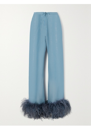 Oséree - Lumière Feather-trimmed Glittered Chiffon Straight-leg Pants - Blue - small,medium,large,x large