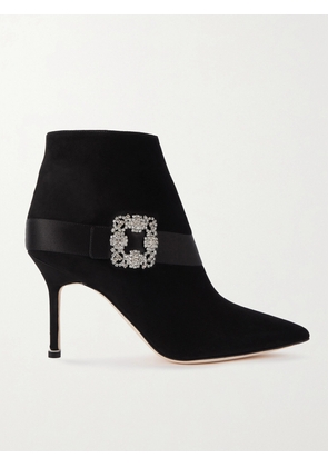 Manolo Blahnik - Plinianu 90 Crystal-embellished Satin-trimmed Suede Ankle Boots - Black - IT35,IT36,IT36.5,IT37,IT37.5,IT38,IT38.5,IT39,IT39.5,IT40,IT40.5,IT41,IT41.5,IT42