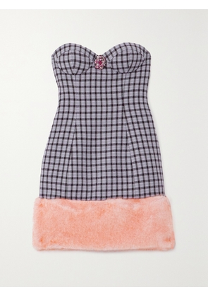 AREA - Strapless Embellished Faux Fur-trimmed Houndstooth Wool-blend Mini Dress - Purple - US0,US2,US4,US6,US8