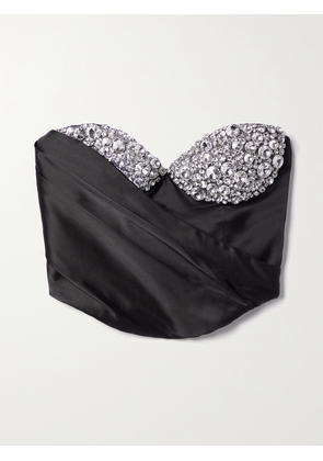AREA - Cropped Crystal-embellished Draped Satin Bustier Top - Black - US0,US2,US4,US6,US8,US10