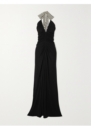 PETAR PETROV - Syros Striped Silk-trimmed Gathered Jersey Halterneck Maxi Dress - Black - x small,small,medium,large,x large