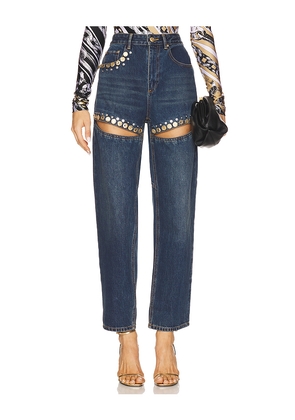 AREA Crystal Cut Out Straight Leg Jeans in Blue. Size 28. Also in 29, 30.