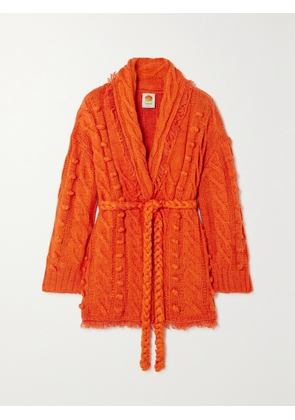 Farm Rio - Oversized Belted Frayed Embellished Cable-knit Cardigan - Orange - xx small,x small,small,medium,large,x large