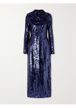 Self-Portrait - Open-back Sequined Mesh Midi Dress - Blue - UK 4,UK 6,UK 8,UK 10,UK 12,UK 14,UK 16