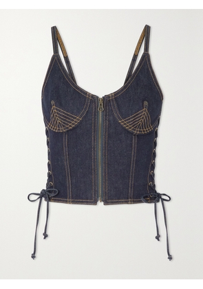 Jean Paul Gaultier - Lace-up Topstitched Denim Bustier Top - Blue - FR 34,FR 36,FR 38,FR 40,FR 42
