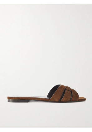 SAINT LAURENT - Tribute Woven Suede Slides - Brown - EU 35,EU 36,EU 36.5,EU 37,EU 37.5,EU 38,EU 38.5,EU 39,EU 39.5,EU 40,EU 40.5,EU 41,EU 41.5,EU 42