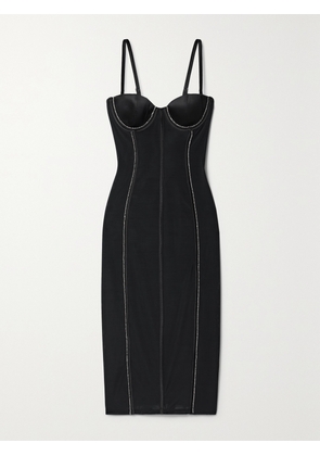 FLEUR DU MAL - Brilliant Crystal-encrused Silk-blend Satin-trimmed Mesh Midi Dress - Black - US0,US2,US4,US6,US8,US10