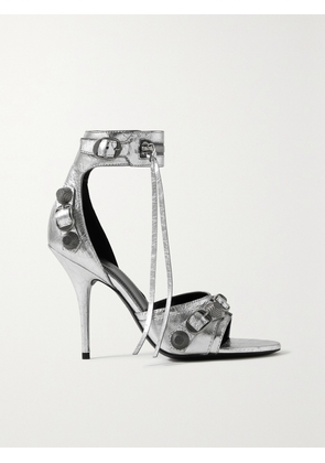 Balenciaga - Cagole Embellished Metallic Crinkled-leather Sandals - Silver - IT35,IT36,IT37,IT38,IT39,IT40,IT41,IT42