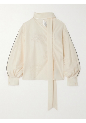 Victoria Beckham - Tie-detailed Lace-trimmed Cotton-blend Blouse - Cream - UK 4,UK 6,UK 8,UK 10,UK 12,UK 14